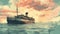 Dreamy Sunset Painting Of A Ferry Sailing Ship On Calm Seas