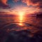 dreamy sunset scene with sun beams on calm water and sky full of clouds, ai generated