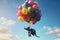 Dreamy and surreal scene featuring an elephant and balloons floating weightlessly in the sky