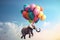 Dreamy and surreal scene featuring an elephant and balloons floating weightlessly in the sky