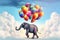 Dreamy and surreal scene featuring an elephant and balloons floating weightlessly in the sky