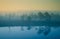 A dreamy swamp landscape before the sunrise. Colorful, misty look. Marsh scenery with a lake.