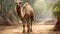 Dreamy Symbolism: A Camel With A Large Belly Walking Down A Dirt Pathway