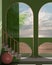 Dreamy terrace, over sea sunset or sunrise with moon and cloudy sky, tropical palm trees, archways in green stucco plaster,