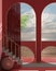 Dreamy terrace, over sea sunset or sunrise with moon and cloudy sky, tropical palm trees, archways in red stucco plaster,