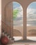 Dreamy terrace, over sea sunset or sunrise with moon and cloudy sky, tropical palm trees, archways in rosy stucco plaster,
