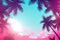 Dreamy tropical paradise with silhouetted palm trees against a vibrant pink and blue sky, evoking a serene vacation vibe