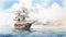 Dreamy Watercolor Illustration Of A Sailing Ship On Calm Waves