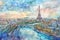 Dreamy watercolor view of the Eiffel Tower and Seine River in Paris