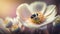 Dreamy white spring anemone flower bloom, grass, ladybug, butterfly close-up against sunlight panorama