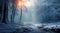 Dreamy winter forest in the fog. Atmospheric mood. Generative AI