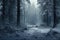 Dreamy winter forest in the fog. Atmospheric mood. Generative AI