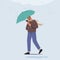 Drenched Passerby Male Character Walking at Rain with Smartphone in Hands under Umbrella. Man Reading Messages