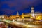 DRESDEN, GERMANY - JULY 14, 2016: Major landmarks of Dresden at night along Elbe river, Germany