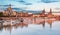 Dresden. Germany, during twilight blue hour with reflection of the city in Elbe River