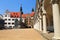 DRESDEN, GERMANY.  View of Stables Courtyard toward Chancellery Building, George Gate and Hausmannsturm tower of