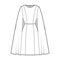 Dress cape chemise technical fashion illustration with fitted body, knee length pencil skirt. Flat apparel front, back