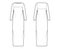 Dress column technical fashion illustration with long sleeves, fitted body, floor maxi length pencil skirt. Flat evening