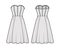 Dress corset technical fashion illustration with sleeveless, strapless, fitted body, knee length circular skirt. Flat