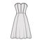 Dress corset technical fashion illustration with sleeveless, strapless, fitted body, knee length circular skirt. Flat