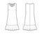 Dress dropped waist technical fashion illustration with sleeveless, oversized body, knee length skirt, round neck.