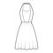 Dress halterneck technical fashion illustration with sleeveless, fitted body, knee semi-circular length skirt apparel