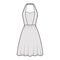 Dress halterneck technical fashion illustration with sleeveless, fitted body, knee semi-circular length skirt apparel