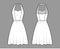 Dress halterneck technical fashion illustration with sleeveless, fitted body, knee semi-circular length skirt apparel