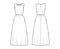 Dress long technical fashion illustration with sleeveless, fitted body, floor length full skirt. Flat apparel