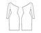 Dress one shoulder technical fashion illustration with long sleeve, fitted body, knee length pencil skirt. Flat apparel