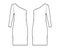 Dress one shoulder technical fashion illustration with long sleeve, oversized body, knee length pencil skirt apparel