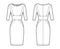 Dress panel tube technical fashion illustration with hourglass silhouette, elbow sleeves, fitted body, knee length skirt