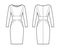 Dress panel tube technical fashion illustration with hourglass silhouette, long sleeves, fitted body, knee length skirt