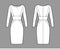 Dress panel tube technical fashion illustration with hourglass silhouette, long sleeves, fitted body, knee length skirt