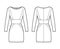 Dress panel tube technical fashion illustration with hourglass silhouette, long sleeves, fitted body, mini length skirt