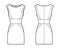 Dress panel tube technical fashion illustration with hourglass silhouette, sleeveless, fitted body, mini length skirt.
