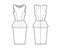 Dress peplum technical fashion illustration with sleeveless, fitted body, knee length sheath skirt, round neck. Flat