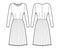 Dress pleated technical fashion illustration with long sleeves, fitted body, knee length skirt. Flat apparel front