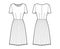 Dress pleated technical fashion illustration with short sleeves, fitted body, knee length skirt. Flat apparel front