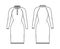 Dress Polo Sweater technical fashion illustration with henley neck, classic collar, long raglan sleeves, knee length