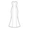 Dress trumpet technical fashion illustration with strapless sweetheart neckline, fitted body, maxi length circular skirt