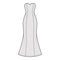 Dress trumpet technical fashion illustration with strapless sweetheart neckline, fitted body, maxi length circular skirt