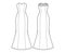 Dress trumpet technical fashion illustration with strapless sweetheart neckline, fitted body, maxi length circular skirt