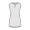 Dress tunic technical fashion illustration with sleeveless, oversized body, mini length skirt, slashed neck apparel