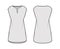 Dress tunic technical fashion illustration with sleeveless, oversized body, mini length skirt, slashed neck apparel