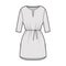 Dress tunic technical fashion illustration with tie, elbow sleeves, oversized body, mini length skirt, slashed neck