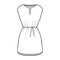 Dress tunic technical fashion illustration with tie, sleeveless, oversized body, mini length skirt, slashed neck. Flat