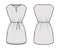 Dress tunic technical fashion illustration with tie, sleeveless, oversized body, mini length skirt, slashed neck. Flat
