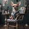 Dressed chihuahua dog sitting in a chair in a barbershop. Generative AI