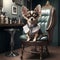 Dressed chihuahua dog sitting in a chair in a barbershop. Generative AI